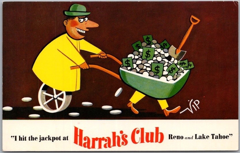 c1960s HARRAH\'S CLUB CASINO Reno & Lake Tahoe Comic Postcard -Cash Wheelbarrow