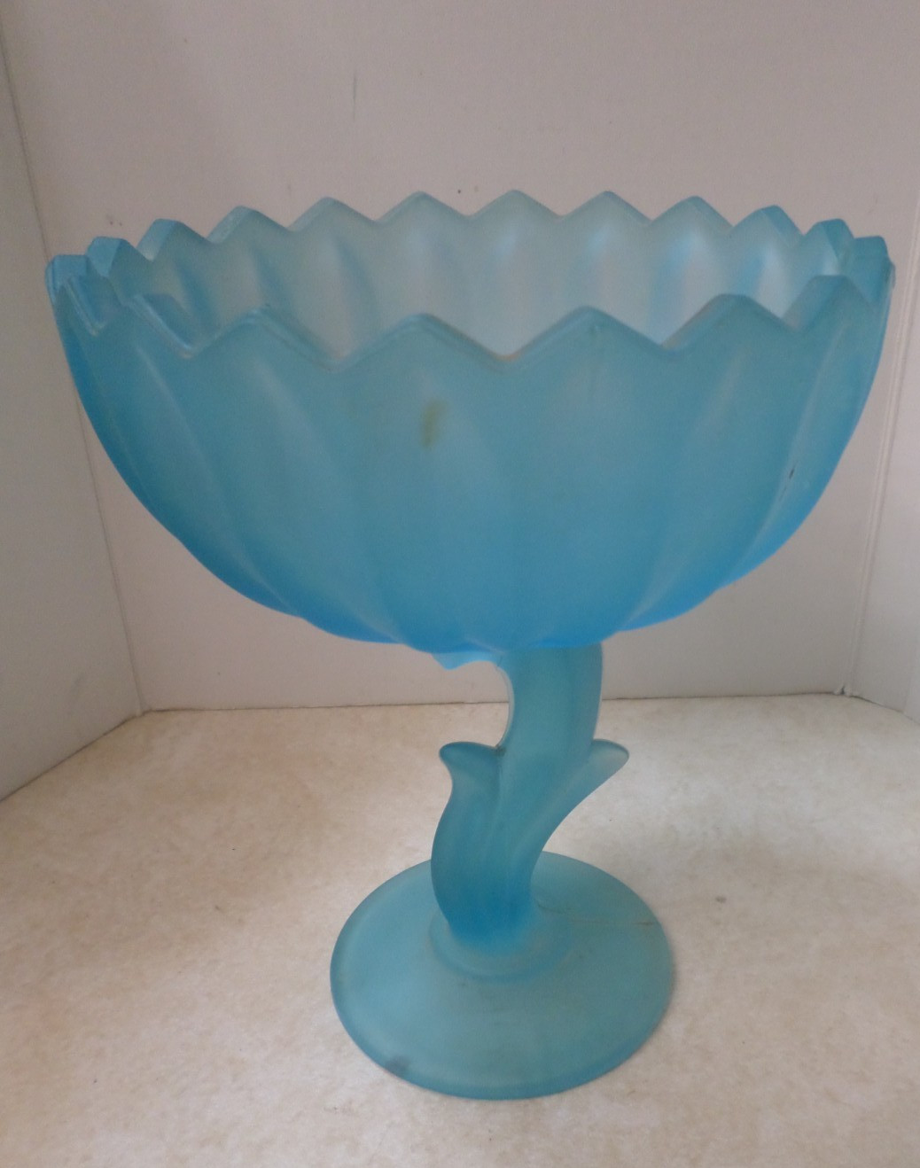 Vintage Indiana Glass Aqua Satin Blue Lotus Blossom W/ Pedestal Base Vase