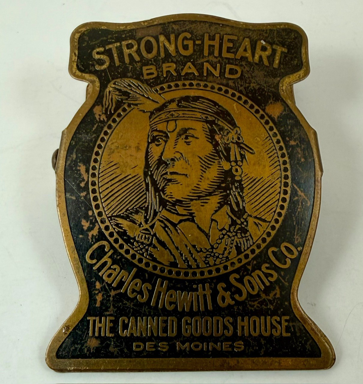 STRONG HEART BRAND Sturdy Brass Advertising Clip Indian Chief Des Moines IOWA