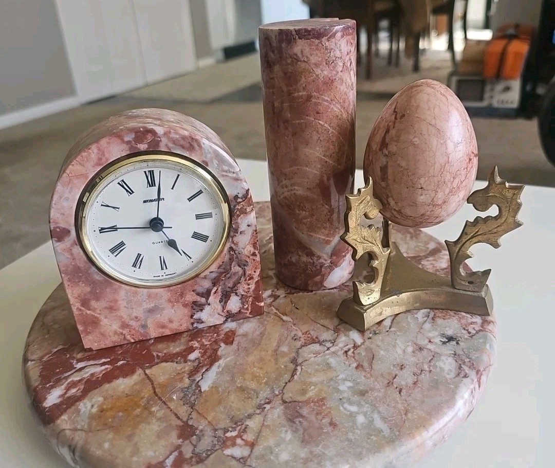 Vintage Staiger Marble Desk Clock Set Pink Onyx Stone Germany Hollywood Regency 
