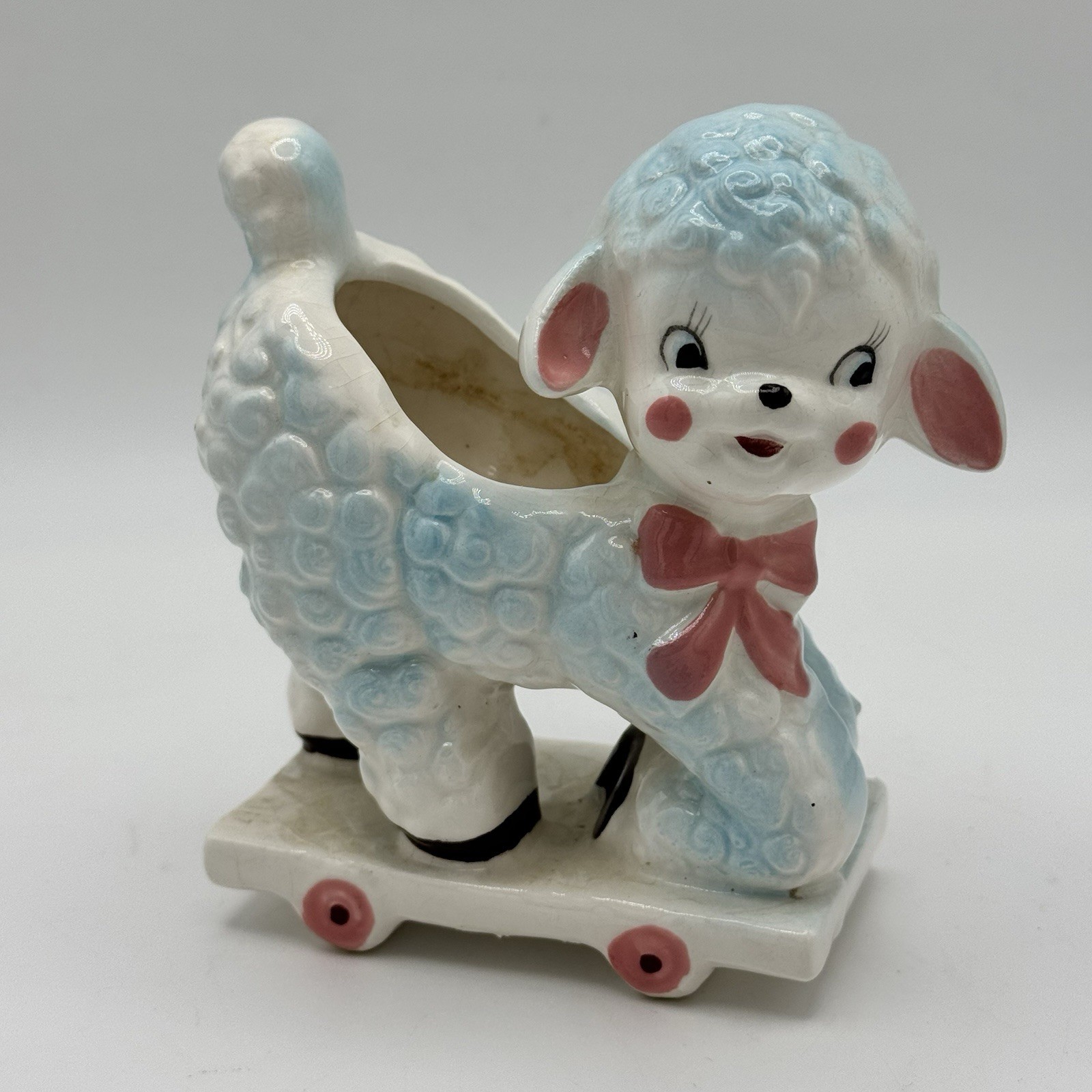 Vintage Ceramic Lamb Sheep Planter Pastel Pink Blue Shafford Japan