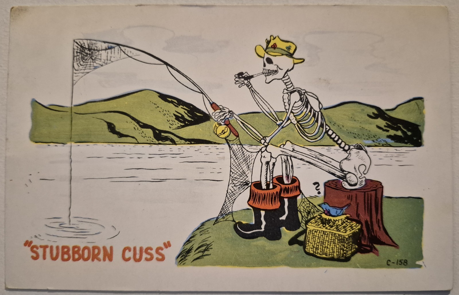 Vintage Postcard Comic Fishing Humor Stubborn Skeleton  AA143