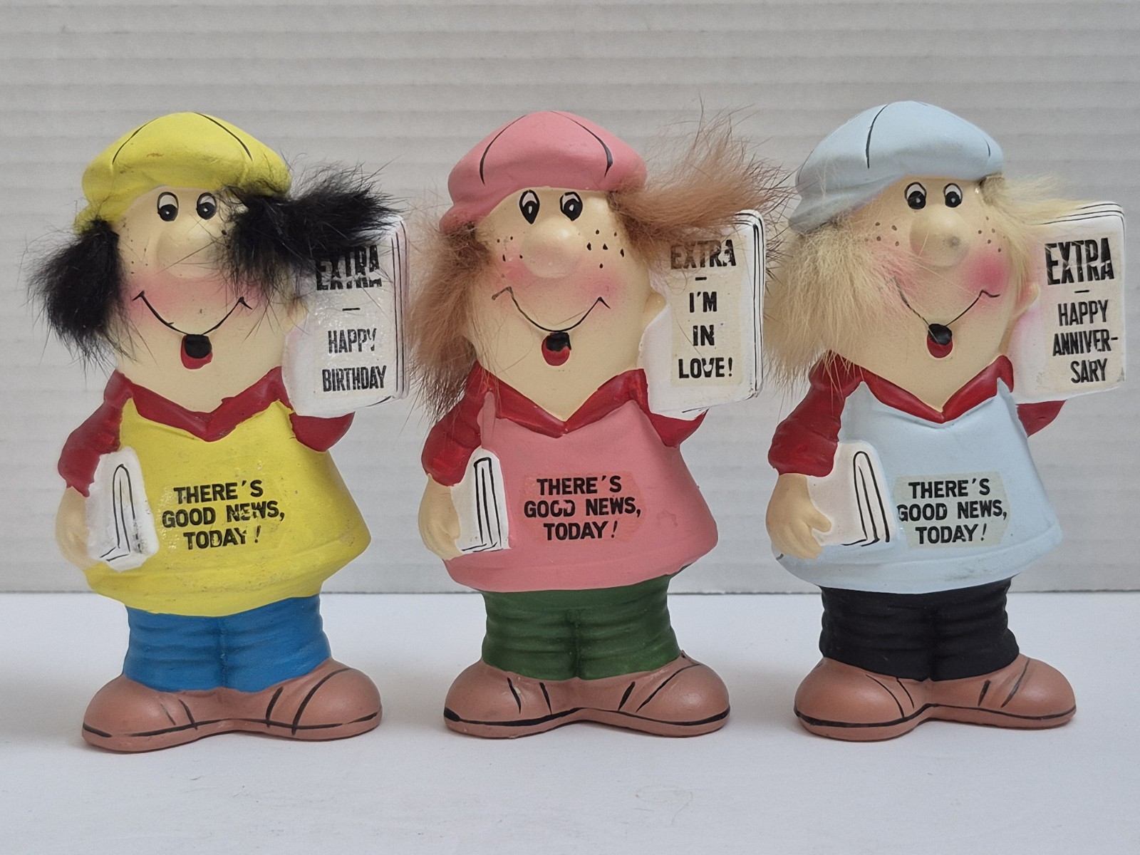 1968 Enesco Capricious Character Figure Lot Of 3 VTG Newsboy Japan Birthday Love