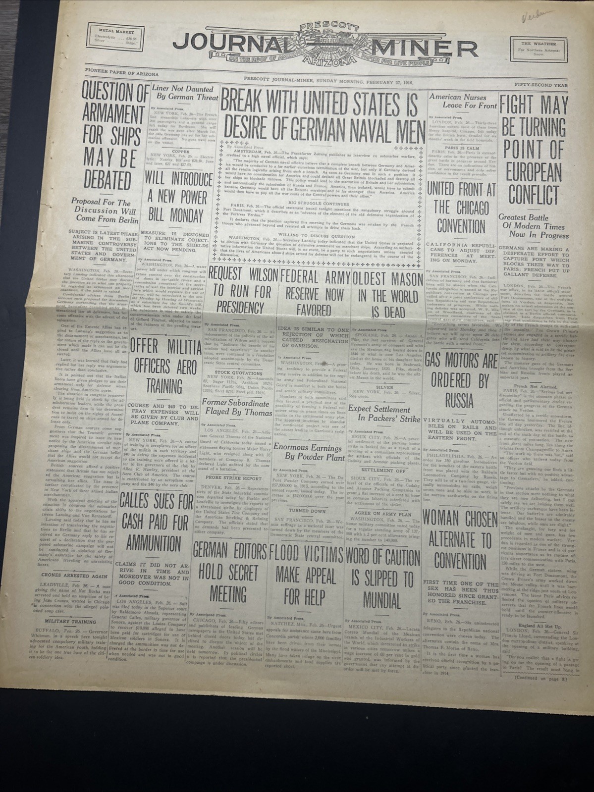 World War 1 Era Original Newspaper Dated Sunday, February 27, 1916