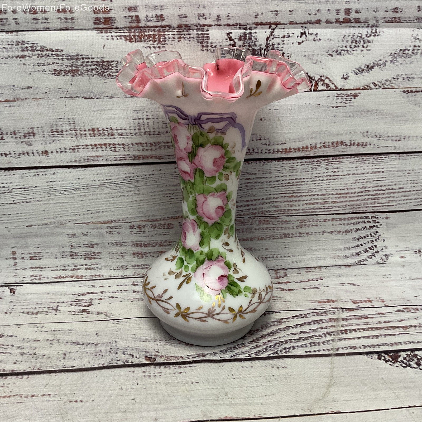Fenton Hand Painted Pink Floral Flower Rose Milk Glass Clear Ruffled Rim 8\