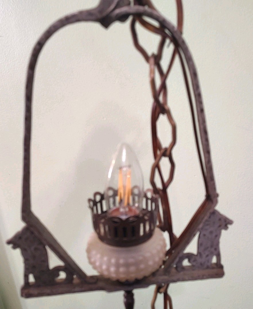 Antique 1920s Viridian Wolf Hanging Lamp Frame Gothic For Restoration