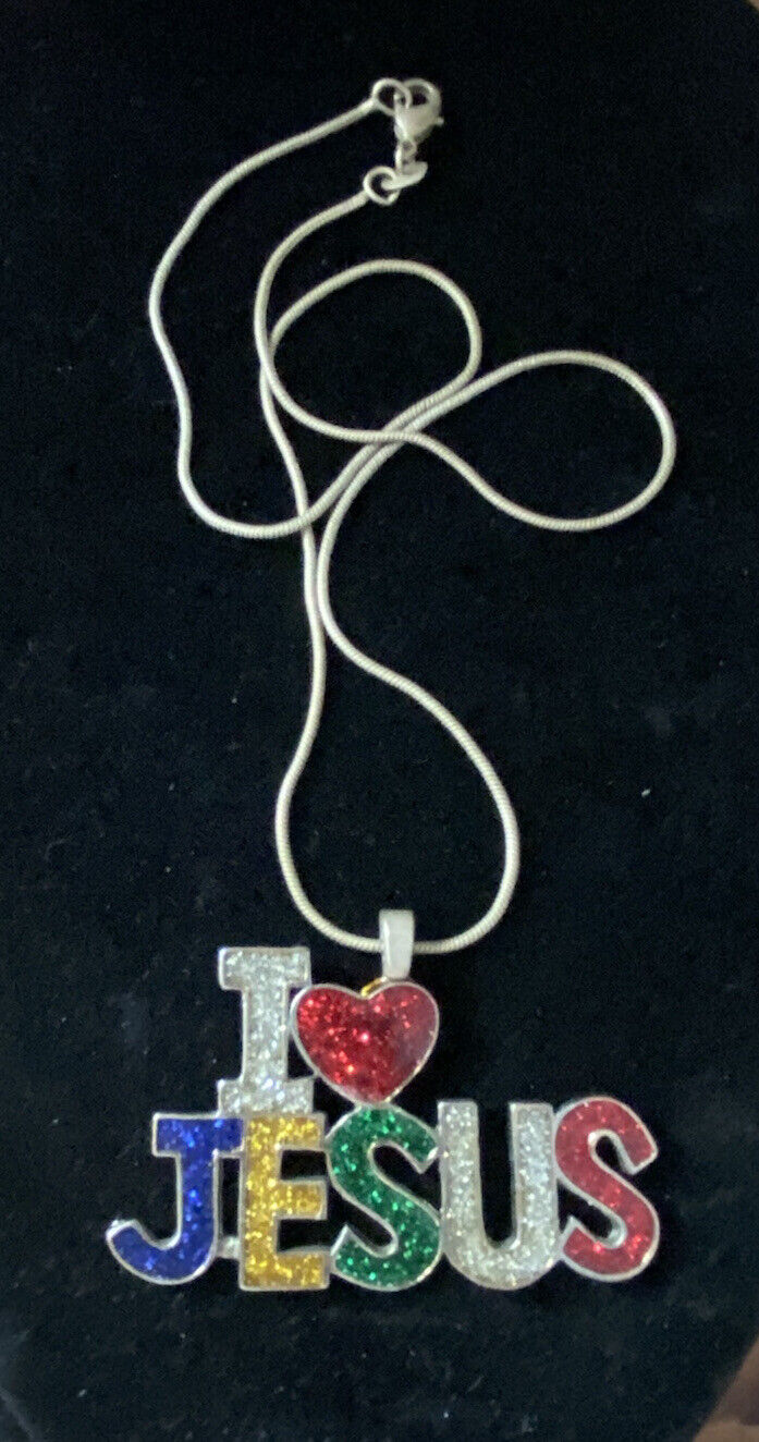 I Heart Love Jesus Pendant 925 Necklace Sparkle enamel Finish Red Heart Vintage