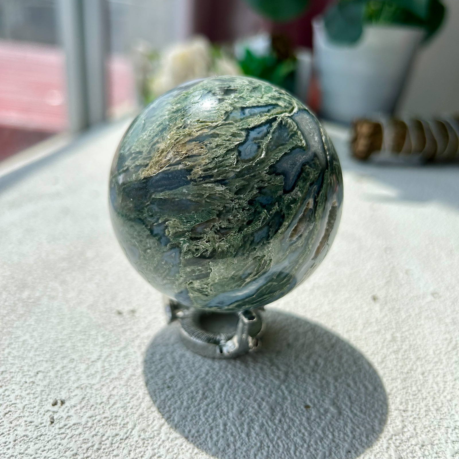 380g Natural Moss Agate Sphere Quartz Crystal Ball Healing 65mm 5th