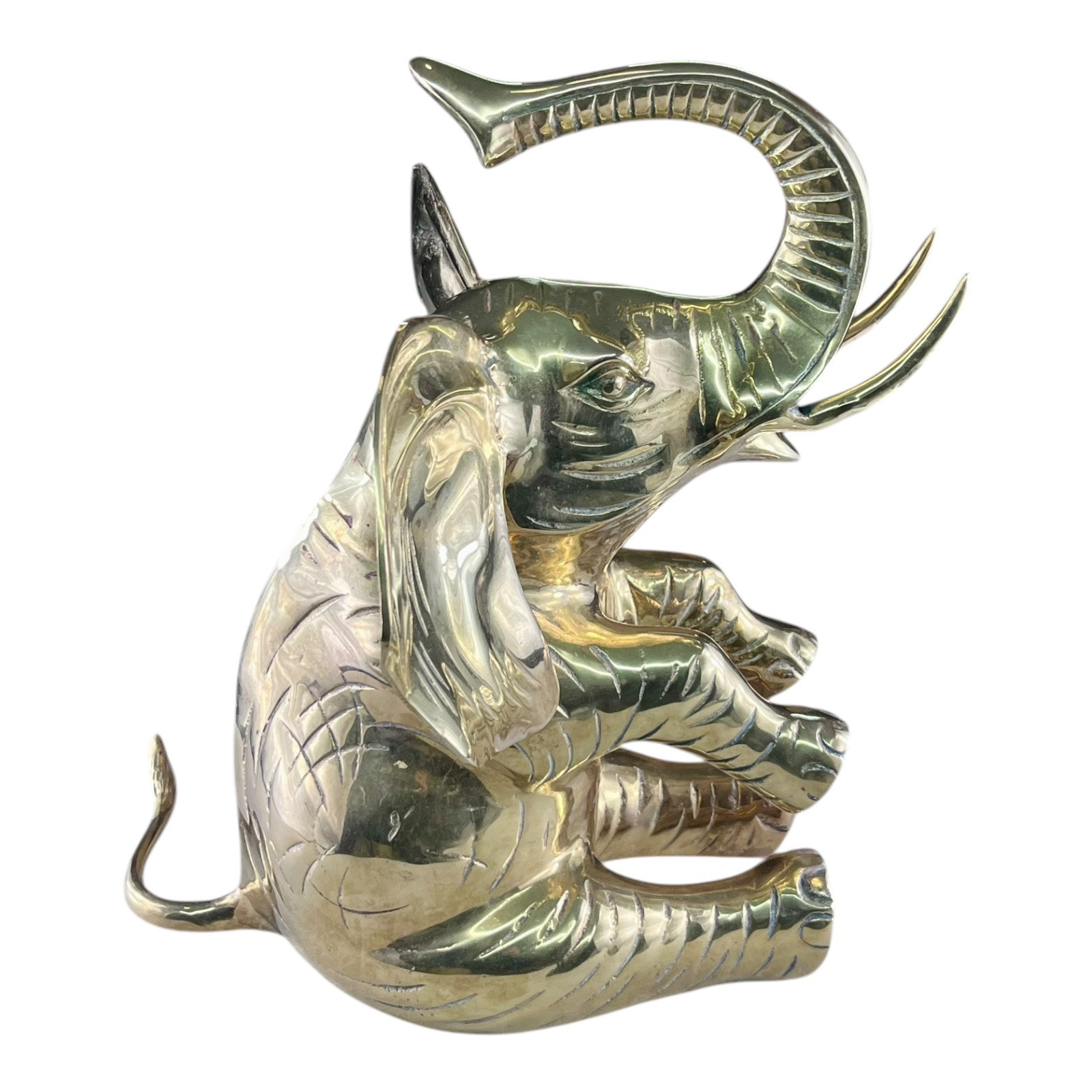 Vintage Solid Brass Elephant Statue Sitting Trunks Up Joyful Good Luck 13x12x15”