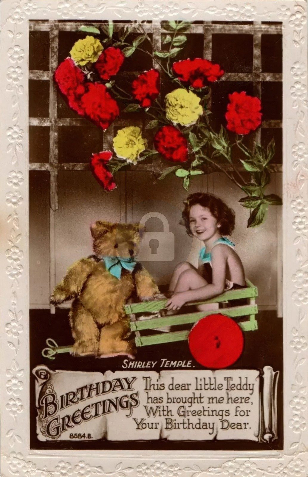 Shirley Temple Teddy Bear Birthday Carnations C4005 RPPC Photo Postcard COPY