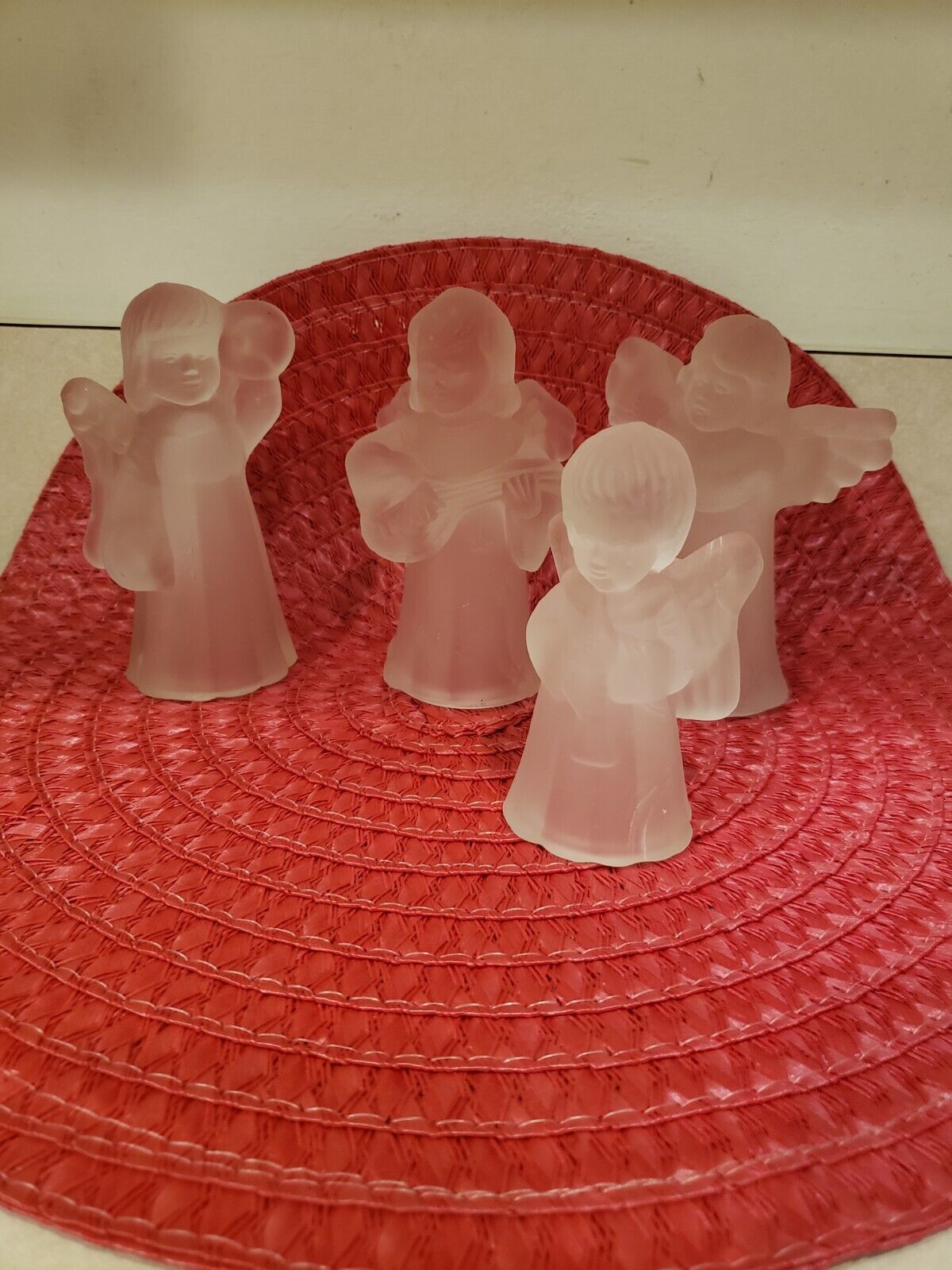 Angel Candle Holder Clear Satin Frosted Glass Vintage Christmas Set Of 4