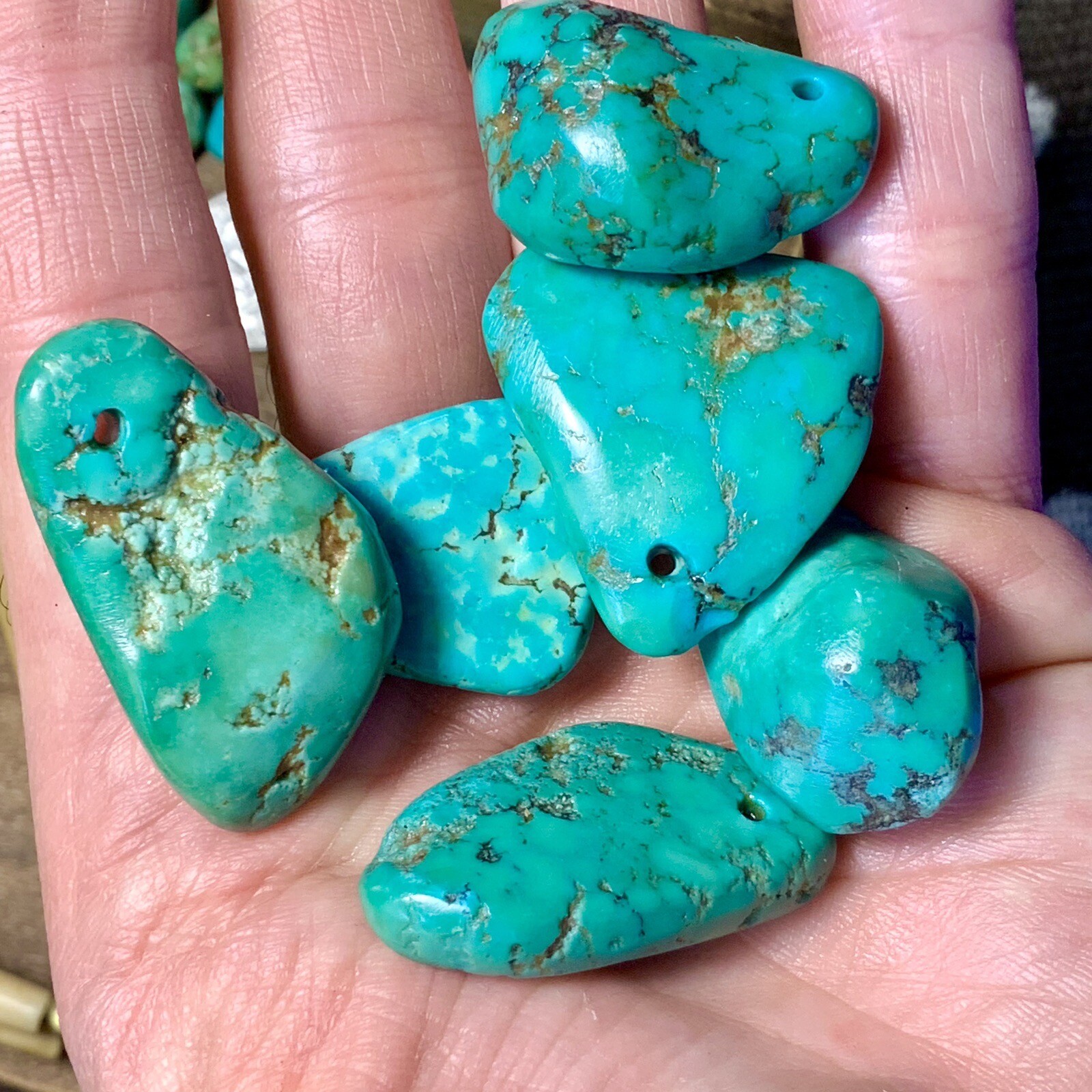 1940s 6 VERY Big Blue Green Large Turquoise Tab Pendants Ear Bob Pueblo Navajo