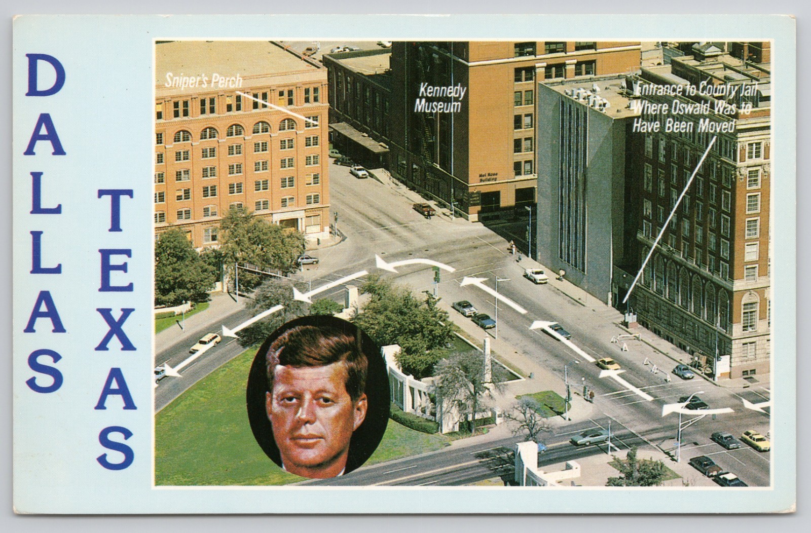 Postcard c1970s John F. Kennedy Assassination Site Dallas Texas Aerial View