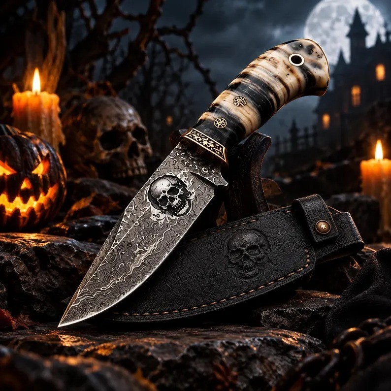 Custom Handcrafted Damascus Steel Fixed Blade Knife Skull Etched Hunting Knife