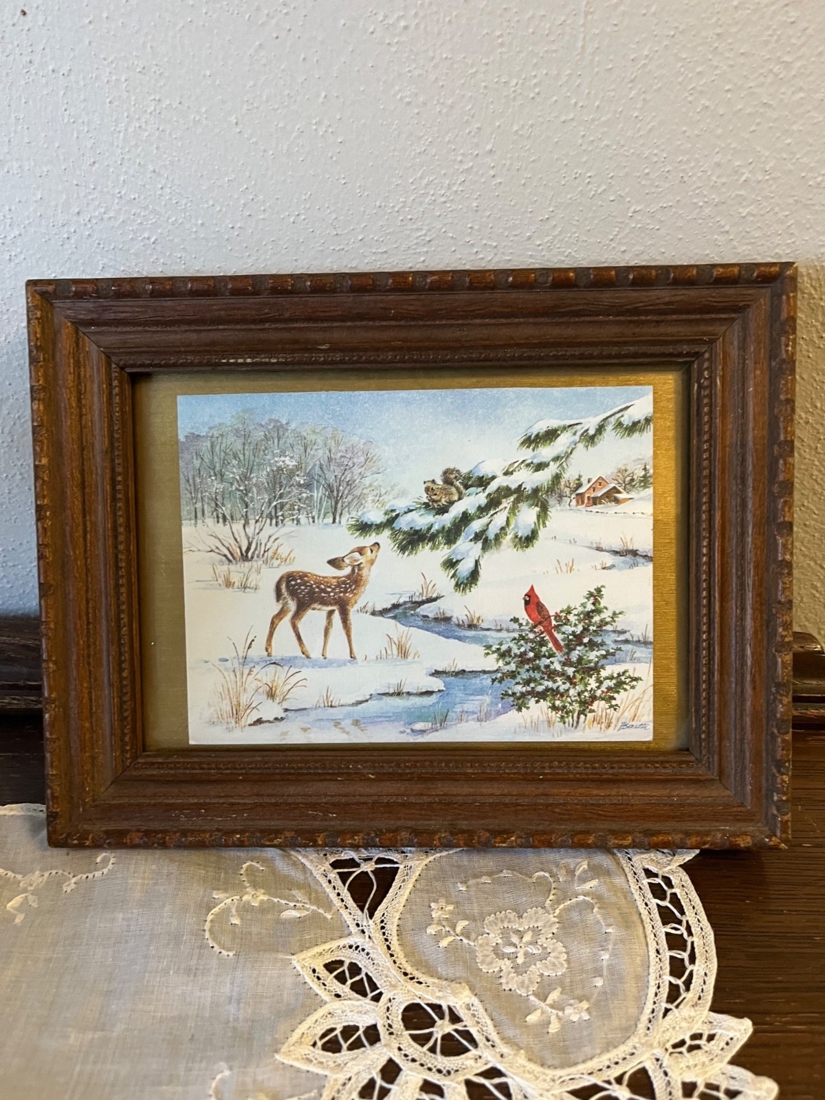 Vintage Repurposed Frame with Winter Deer Card
