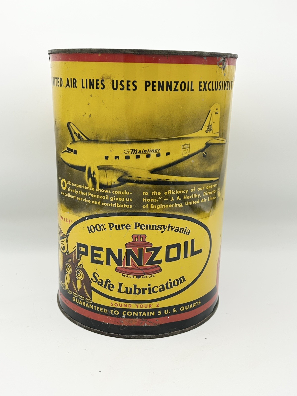Vintage Pennzoil Owl Pennsylvania United Air Lines 5 Quart Gas Oil Can Vintage Pennzoil Owl Pennsylvania United Air Lines 5 Quart Gas Oil Can