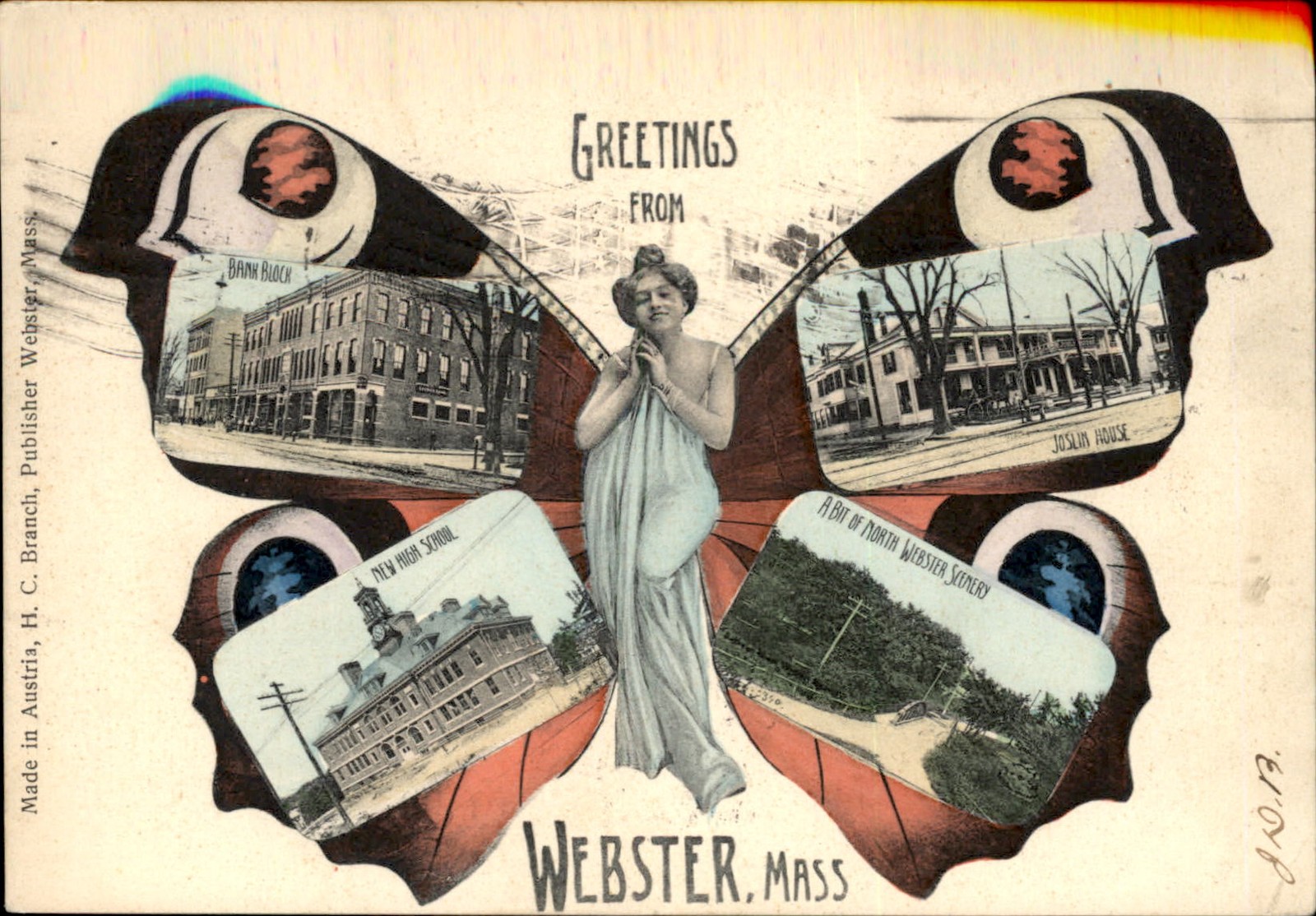 Webster MA Butterfly Multi-Voew Webster H. C. Branch c1907 Vintage Postcard bhn
