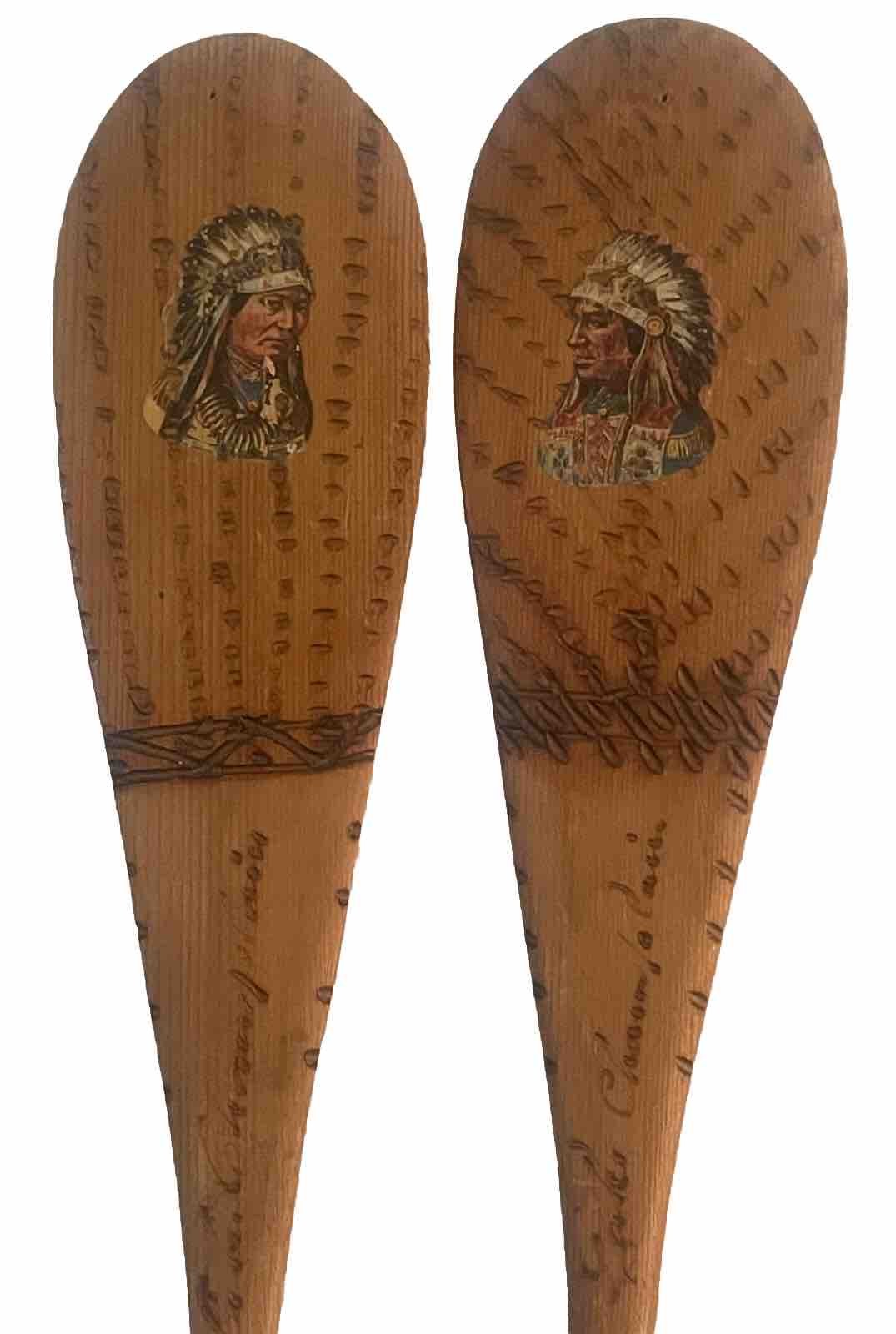 Pair Old Souvenir Miniature Canoe Boat Paddles Native American Adirondack Lake