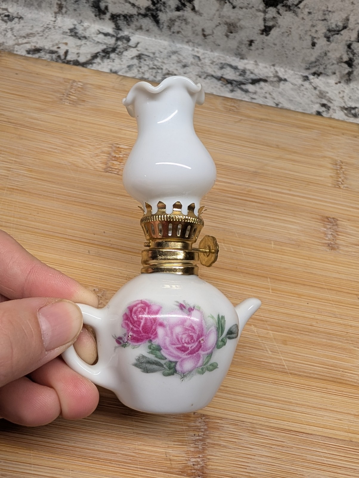 Miniature Porcelain Teapot Oil Lamp Pink Rose Decal Brass Burner White Shade 5