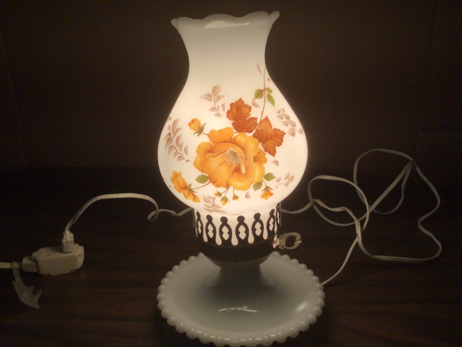Vintage Hobnail Milk Glass Hurricane Yellow Rose Shade Bedside Lamp