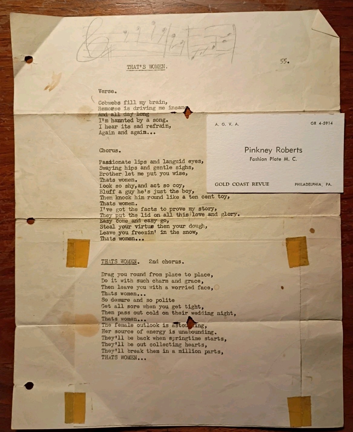 ​1950s Pinkney Roberts Comedy Routine Song Sheet 