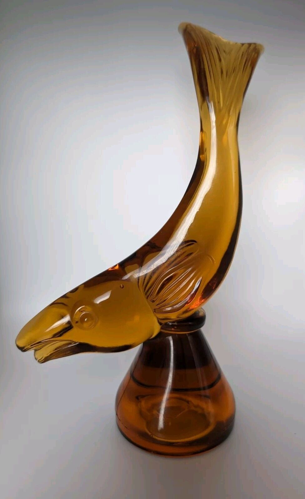 Vintage 1965 Viking Glass Amber Epic Fish Figurine 9 1/2” tall Handmade