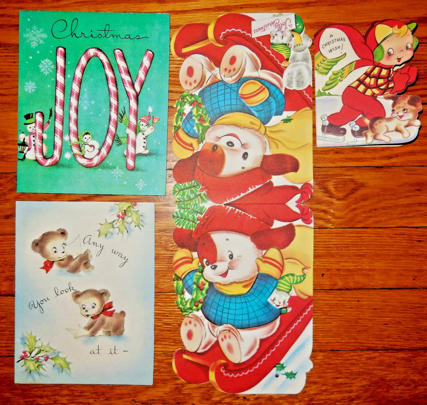 Four Beautiful 1950-60s Christmas Cards, Puppies, Snowmen, Bear Cubs, Dogs.