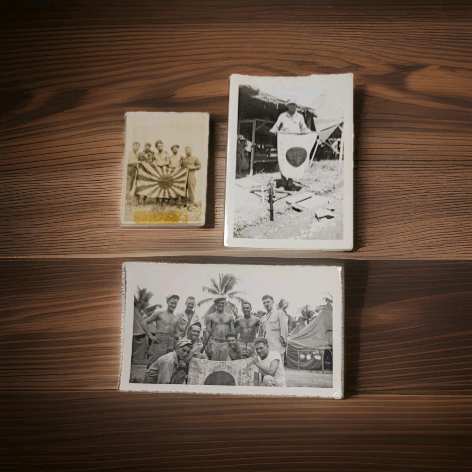 Original WWII US Servicemen & Captured Japanese Trophy Flags Snapshot Lot 3pcs