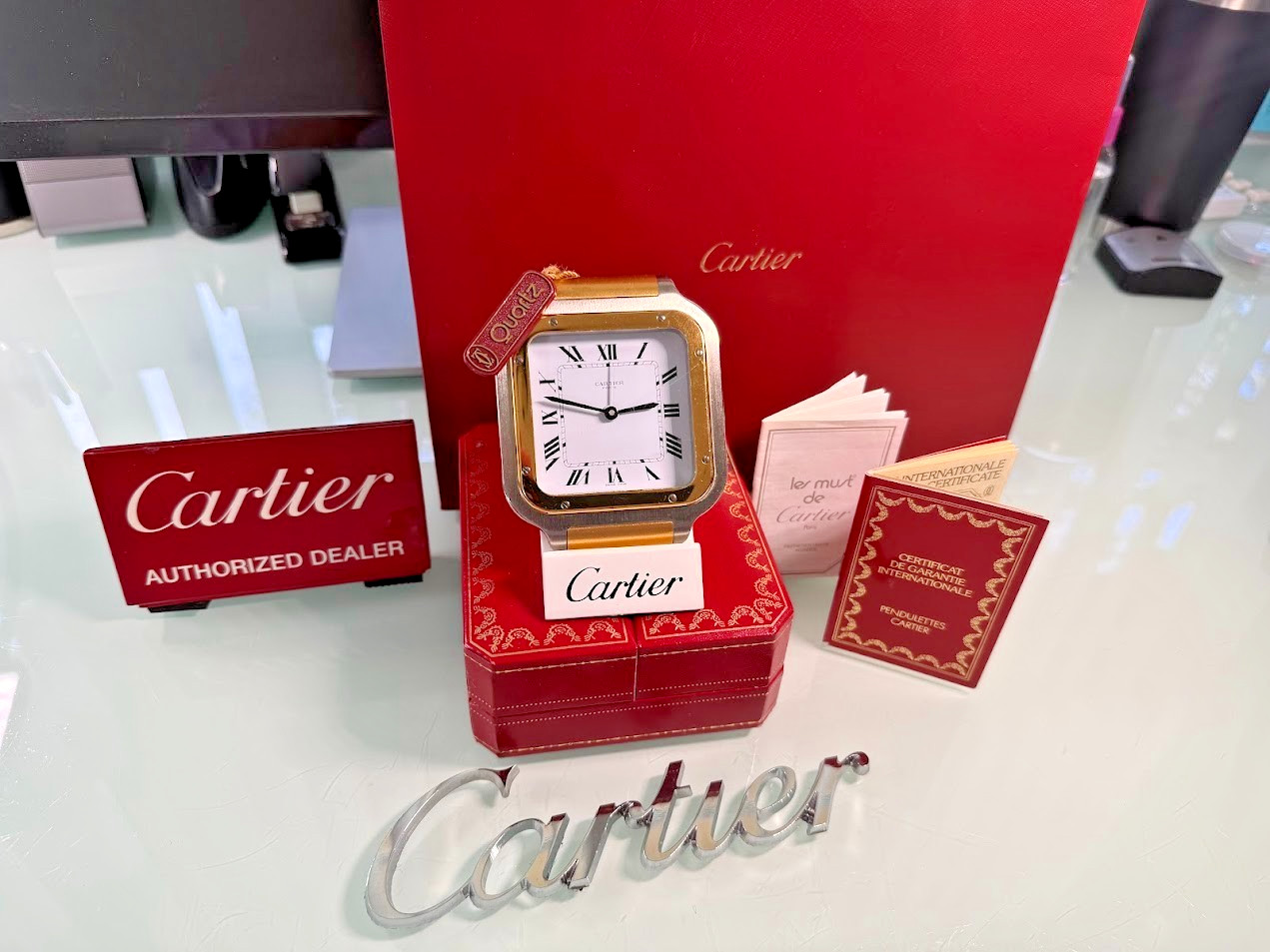 *** Cartier Santos Clock Gold / Stainless  Alarm Tested ⏰/  Box and Manual ***