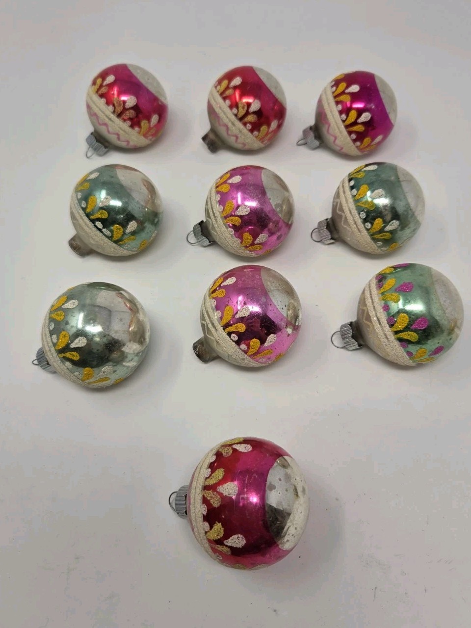 Vintage Shiny Brite Christmas Glass Ornaments Lot Pink Teal Glitter Balls