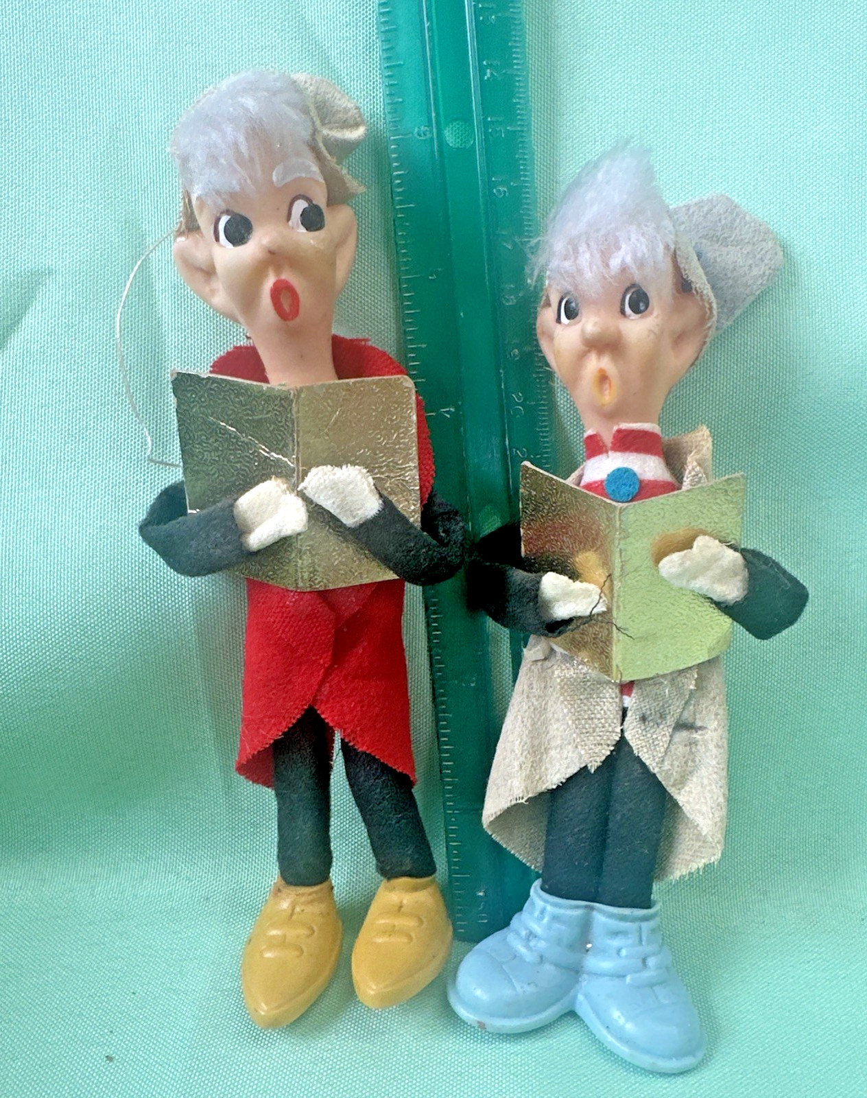 Lot Of 4 VTG PIXIE ELF BOY CAROLER DELTA NOVELTY PLASTIC FACE DOLL ORNAMENT 1968