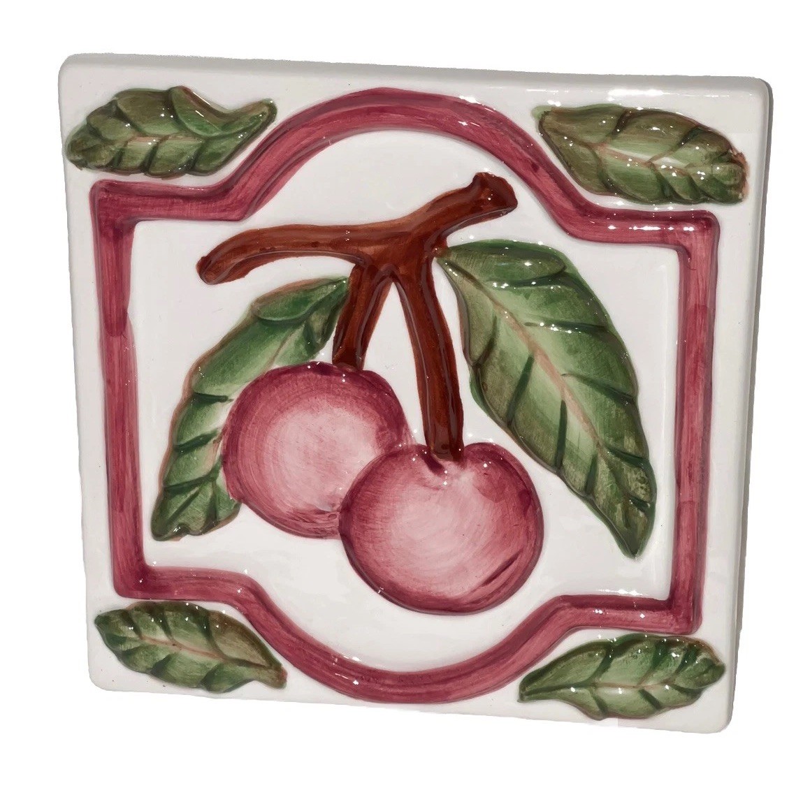 Cute Vintage Ceramic Treasure Craft Trivet Wall Art Cherries ￼6 1/2“ X 6 1/2“ 