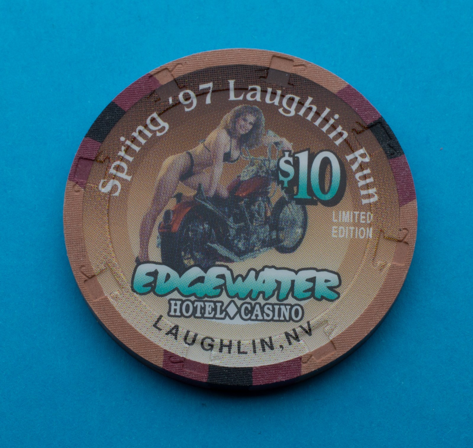 1997 $10 Edgewater Spring Run Casino Poker Chip Laughlin Nevada