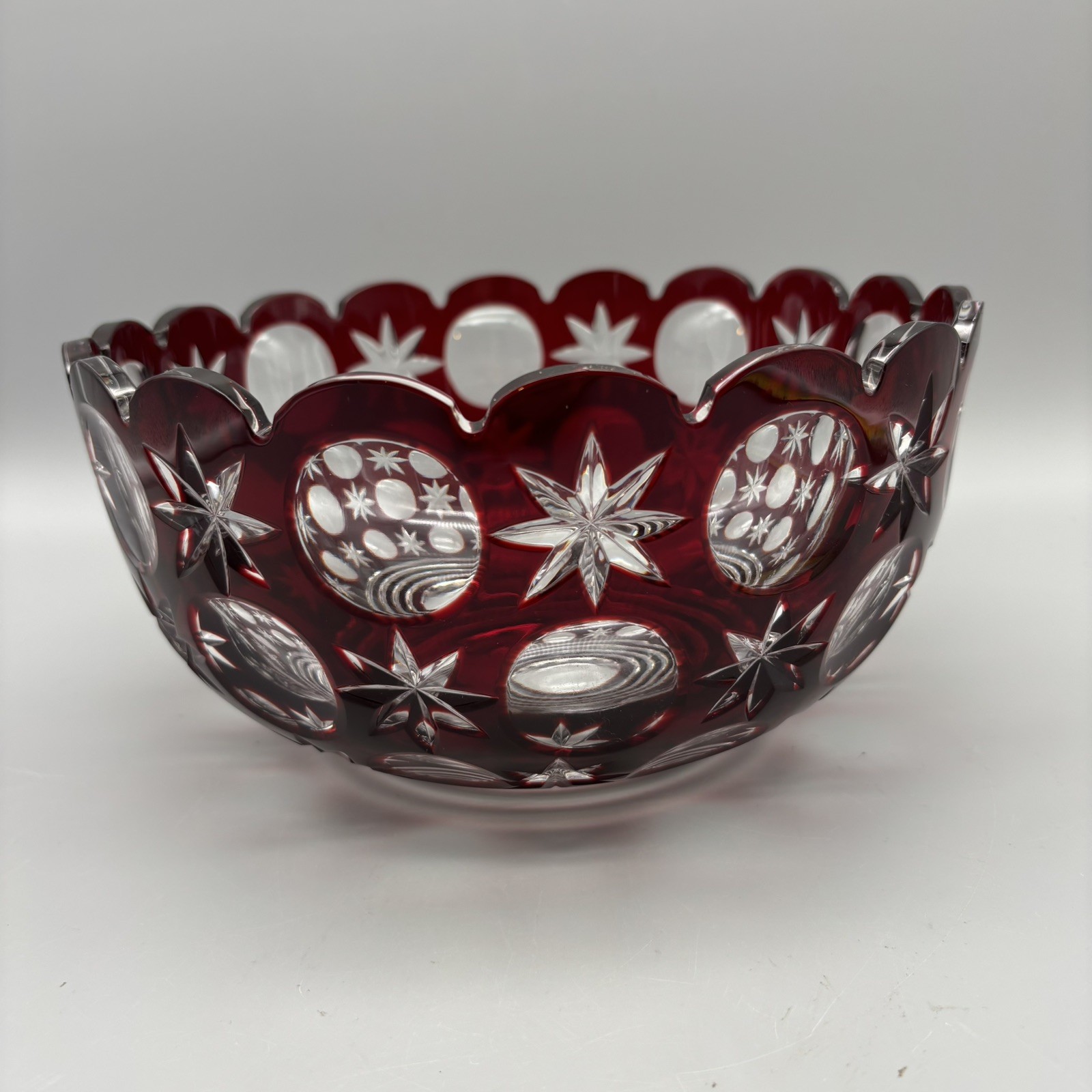 Vintage Bohemian Hand Cut Crystal Glass Ruby to Clear bowl SIGNED 8.75” Vintage Bohemian Hand Cut Crystal Glass Ruby to Clear bowl SIGNED 8.75”
