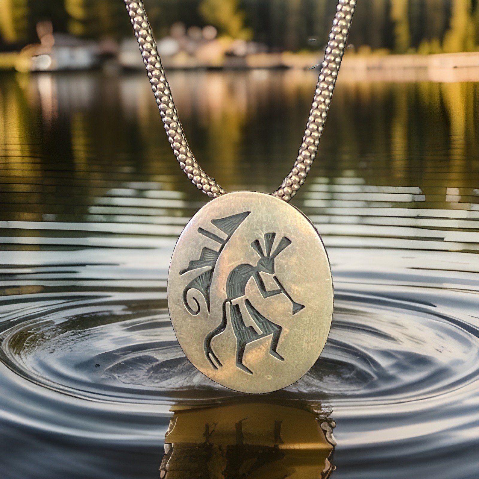 Hopi Vintage Signed Kokopelli Oval Overlay Pendant Sterling 925 w 28” Rope Chain