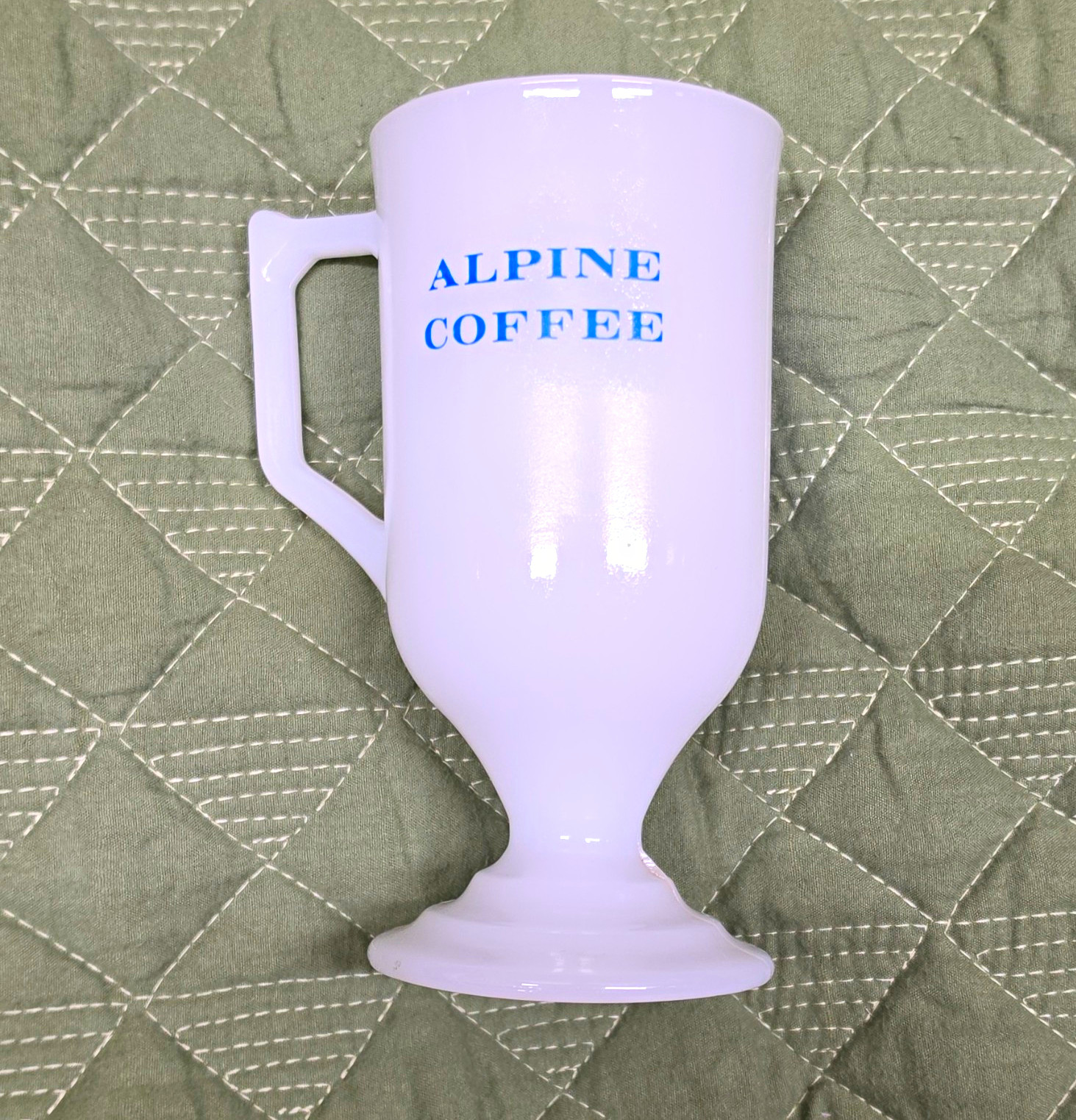 Alpine Coffee Village Inn Las Vegas Milk Glass Pedestal Mug White/Blue