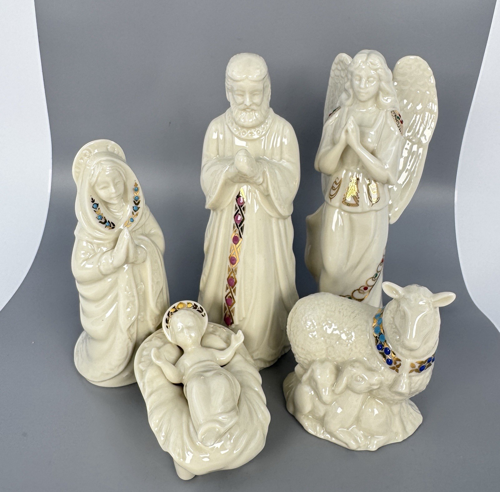 Lenox China Jewels Nativity Set 5 Pc Holy Family Angel Sheep Porcelain USA