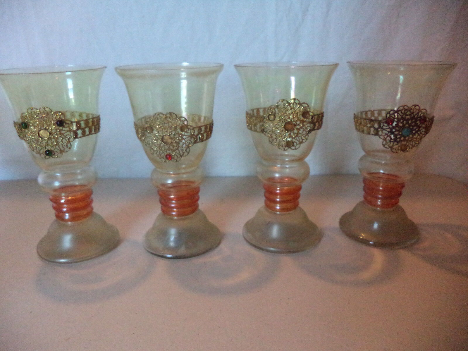 4 Antique Bohemian Czech Moser Art Glass Jeweled Ormolu Medieval Style Goblets