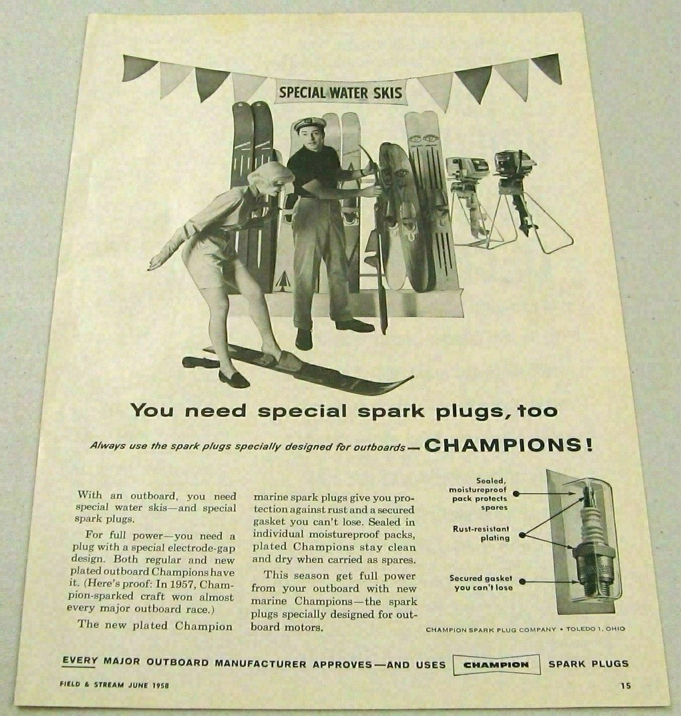 1958 Print Ad Champion Spark Plugs Water Skis & Outboard Motors in Store
