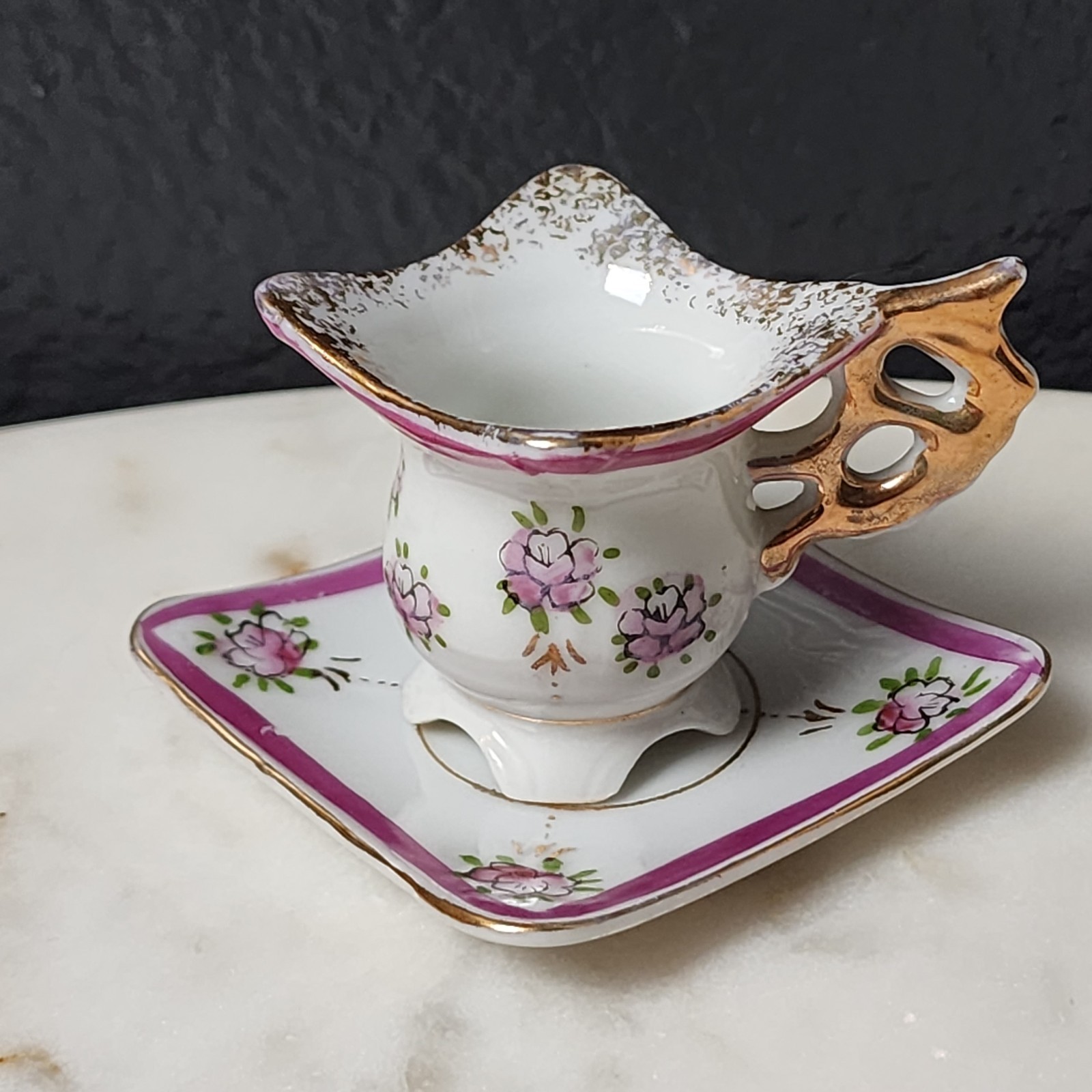 Vintage 1950s Miniature Tea Cup Saucer Victoria Ceramics Japan  Pink Roses Gold