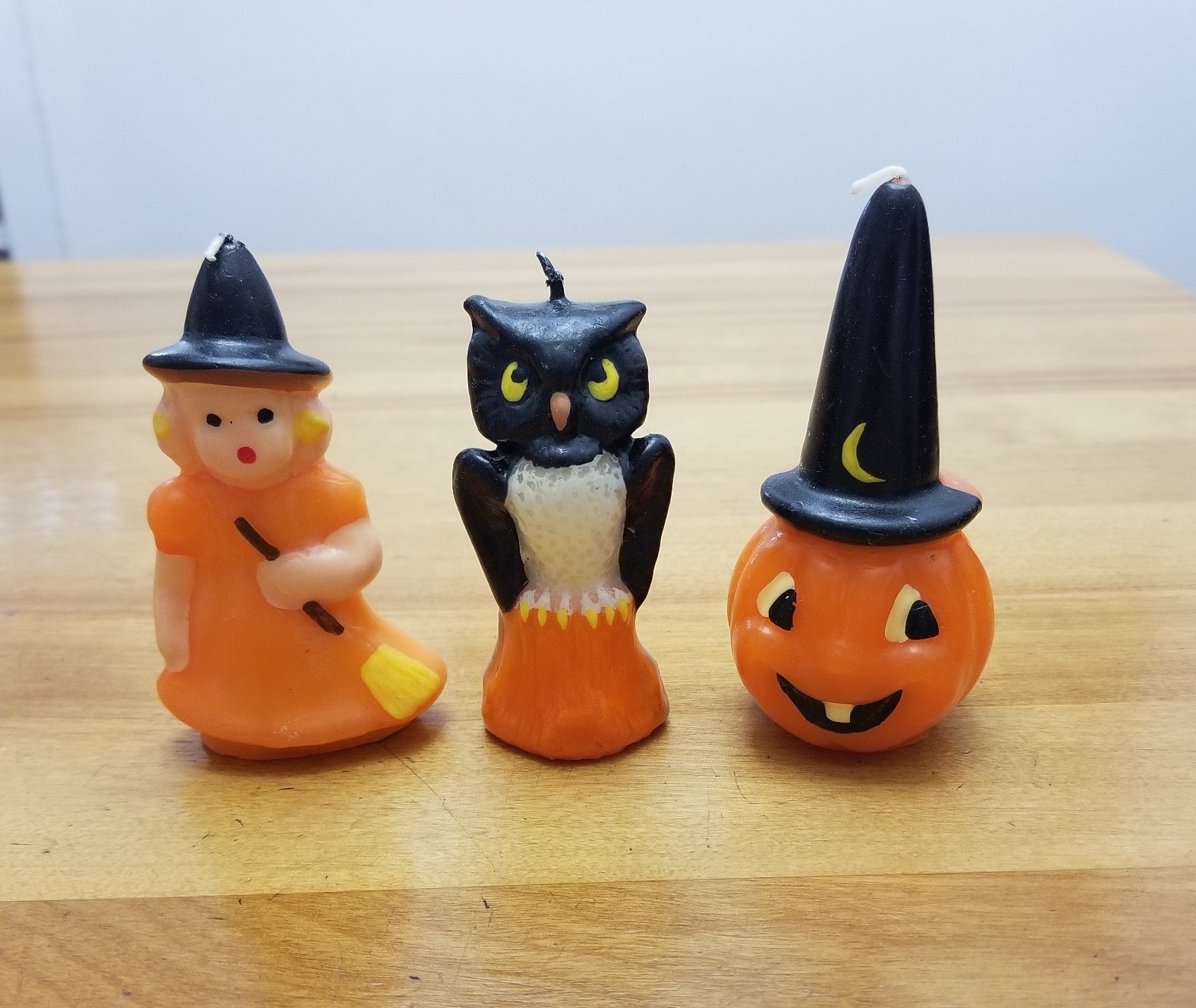 3 Gurley HALLOWEEN CANDLES *GIRL WITCH OWL JACKOLANTERN* 