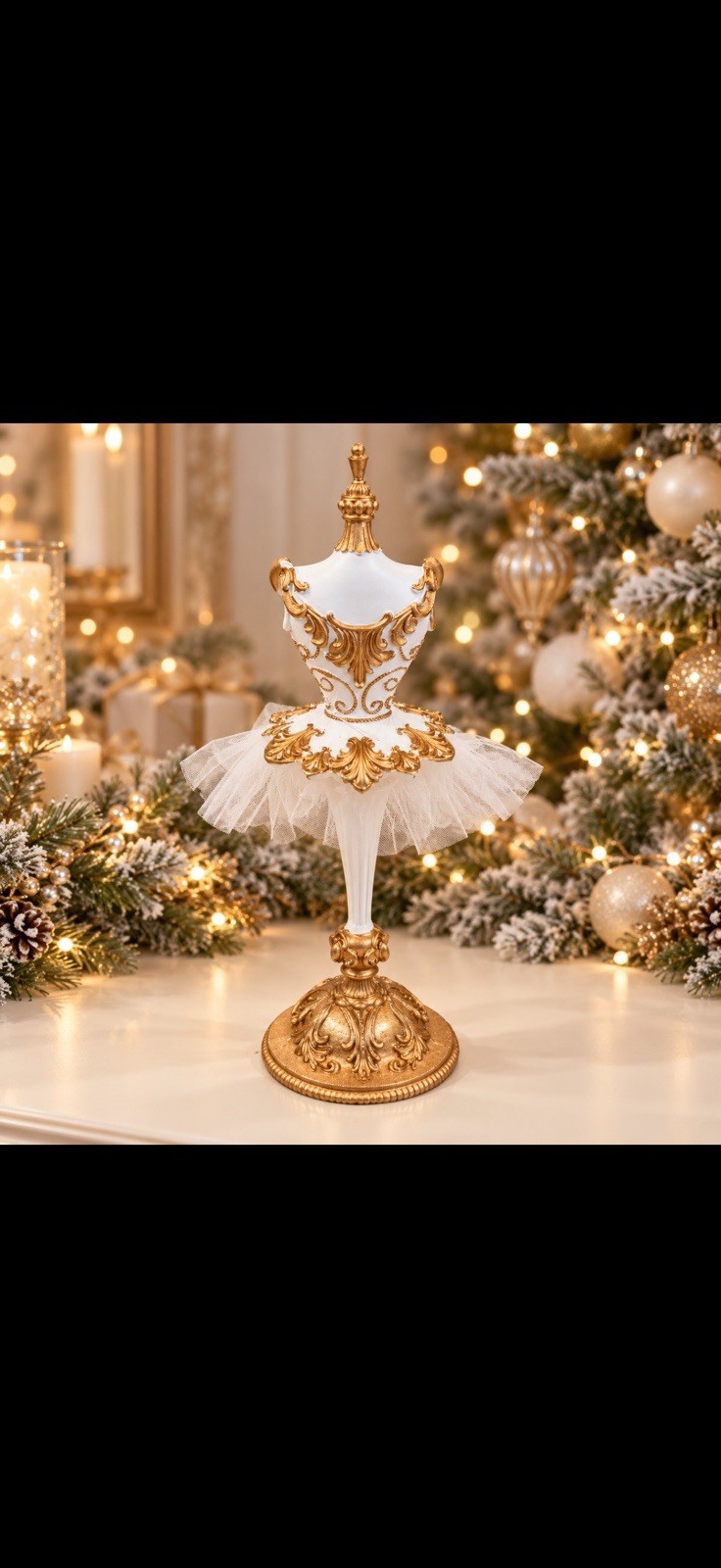 Elegant Gold & White Ballerina Tutu Holiday Figurine