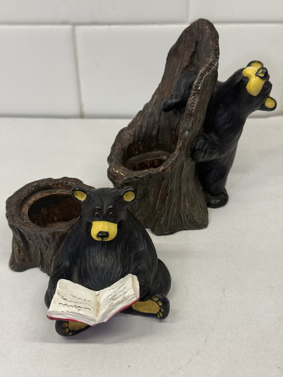Kritter Hollows Big Sky Carvers Bear Candle Holders Set of 2 2000 Rustic Cabin