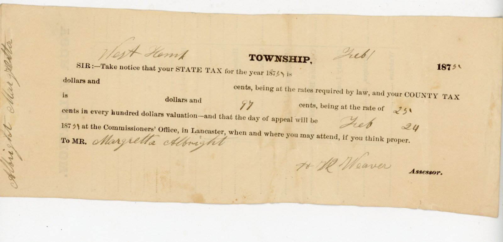 1875 Lancaster PA Tax Notice West Hempfield Township HM Weaver signed