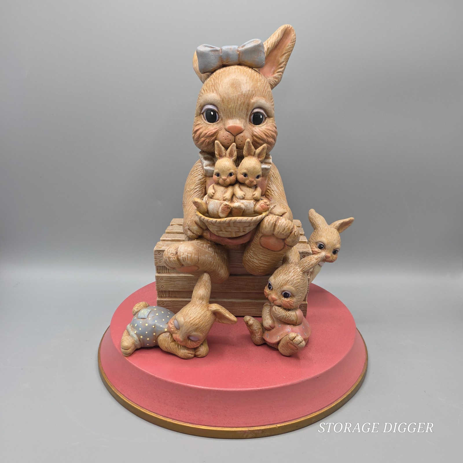 VTG Large Pendelfin ? Ceramic Easter Brown Bunny Rabbit Mama w/ Babies Figurine