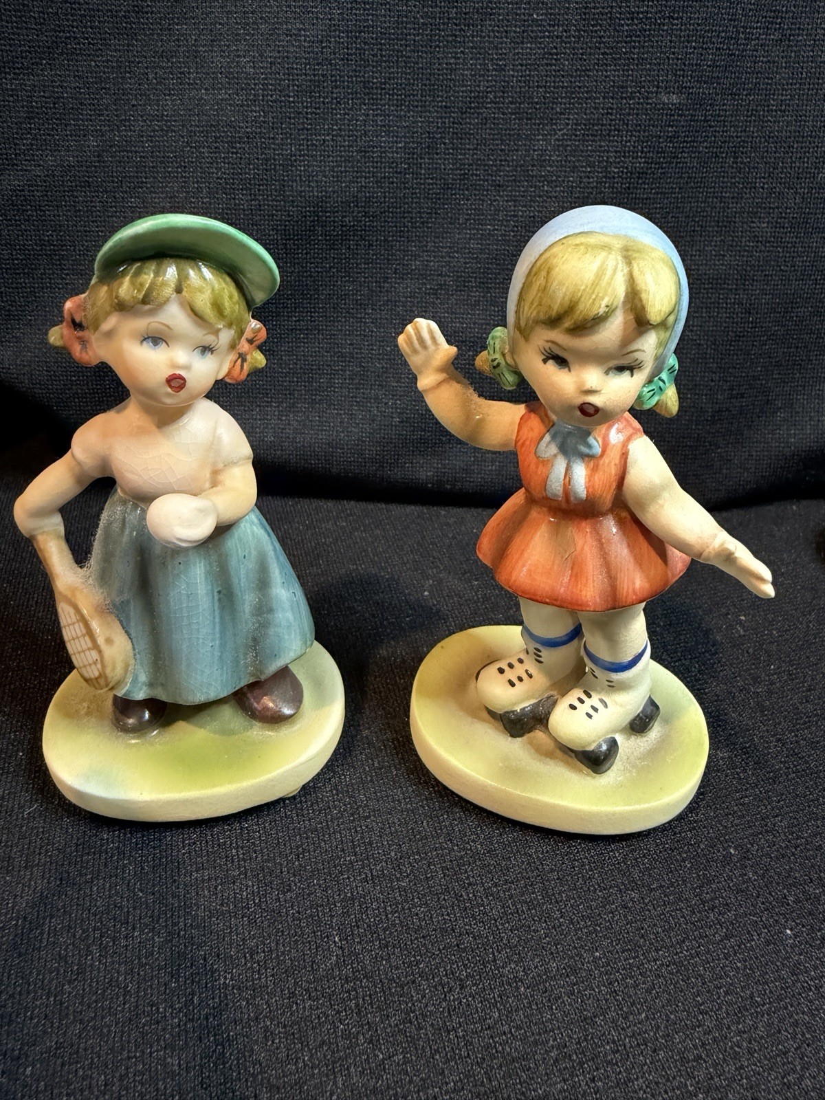 Adorable Vintage Girl Figurines – Set of 2 – Roller Skater & Tennis Player