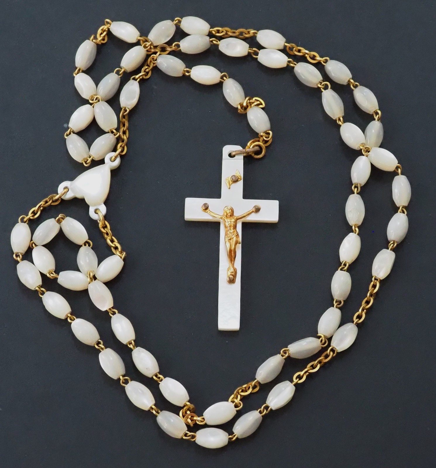 Antique vintage Catholic mother-of-pearl (nacre) rosary goldtone Jesus Crucifix