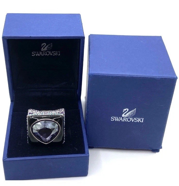 Swarovski Crystal Purple Heart Black Enamel Large Ring Size 7 / 55