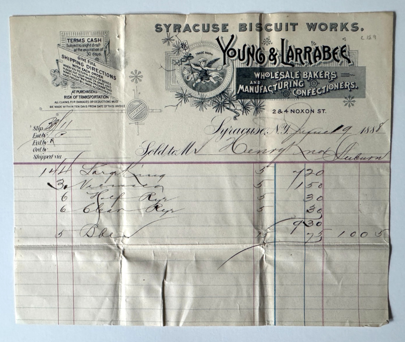 Vtg 1888 New York Billhead Syracuse Biscuit Works Young & Larrabee Confectioners