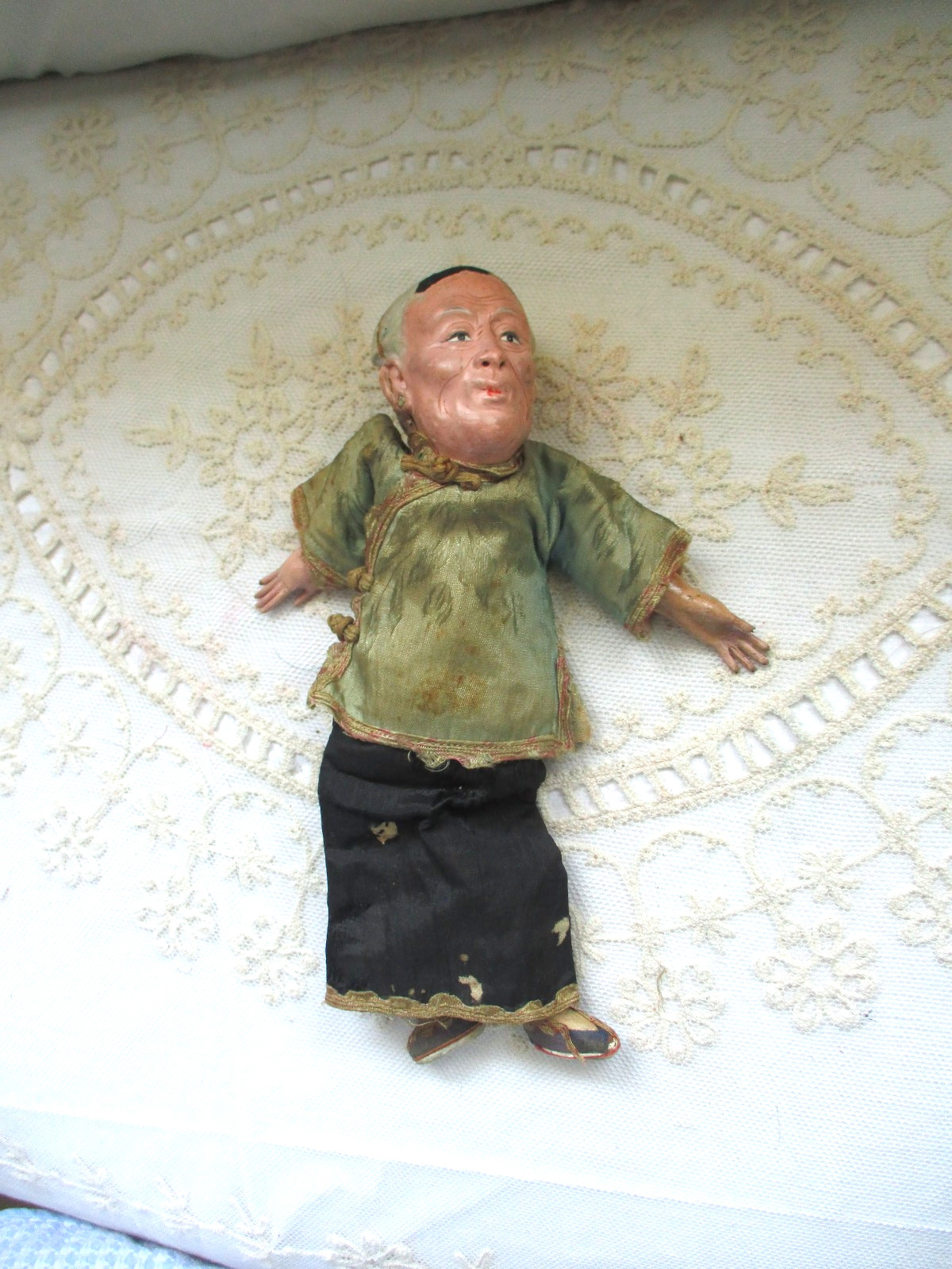 Antique Chinese Mission Opera Character Old Woman Silk Clothes Clay 10